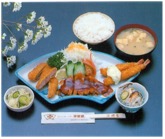 Isekatsu special (bread crumbed pork fillet, shrimp and grilled pork fillet with ginger sauce)