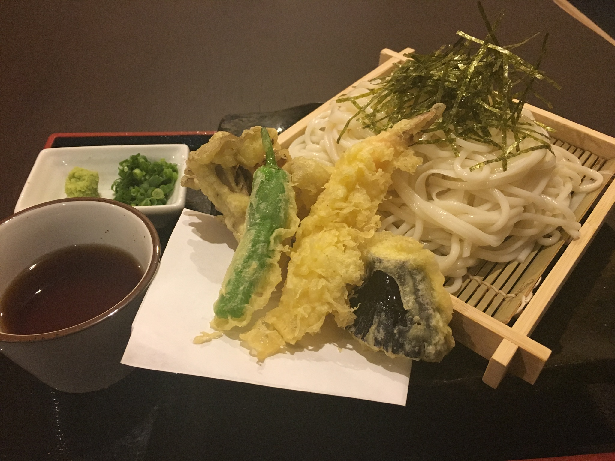 Udon Noodles with Tempura Served in a Basket