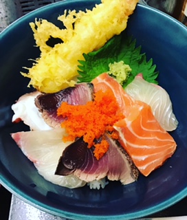 Donburi Bowl of Rice Topped with Seafood