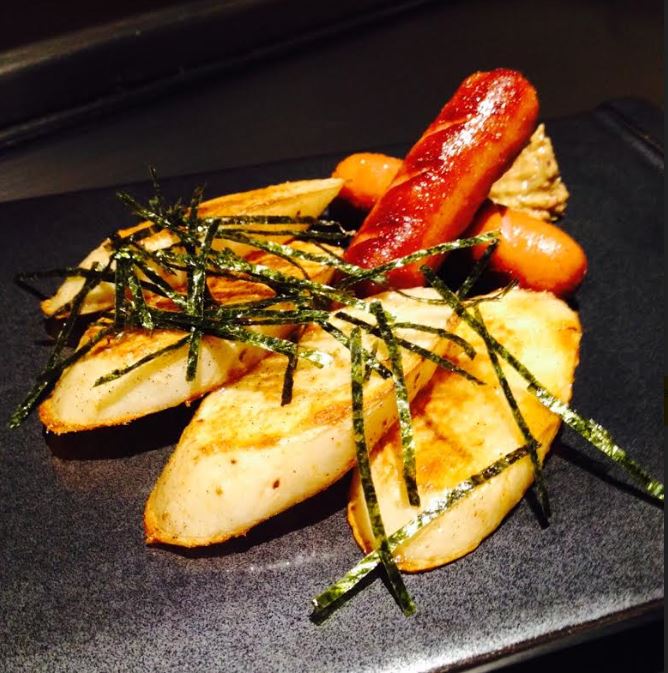 Teppan-Broiled Yam and Sausages 